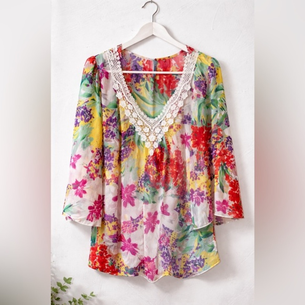 Colorful Floral Crochet Lace V Neck Blouse 3/4 Sleeve Boho Top